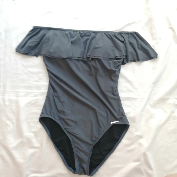 Michael Kors Off the Shoulder Ruffle One Piece Gray Bathing Swim Suit 8 - Picture 9 of 16